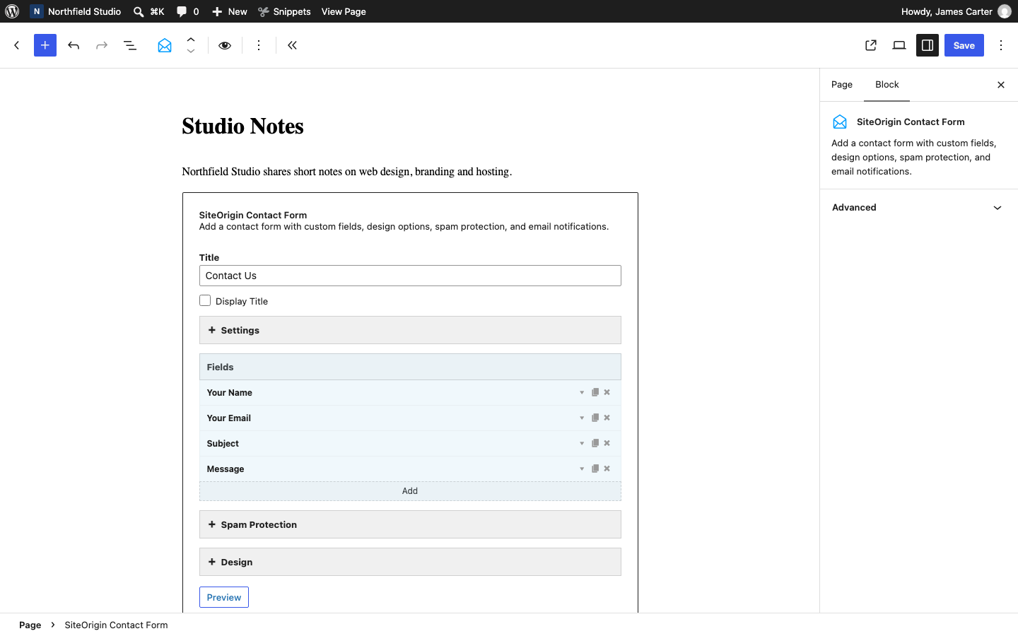 The SiteOrigin Contact Form block on a page in the block editor