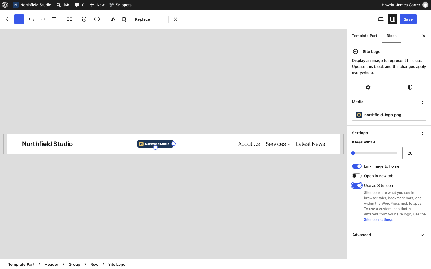 The Use as Site Icon setting on the Site Logo block in the Site Editor