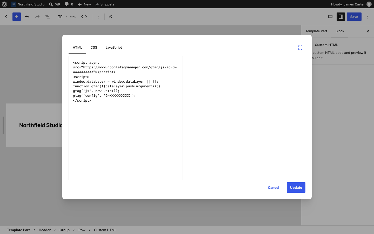 The Google Analytics tag in a Custom HTML block in the header template part