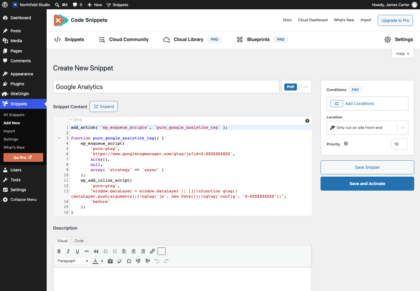 The Google Analytics 4 snippet in the Code Snippets editor