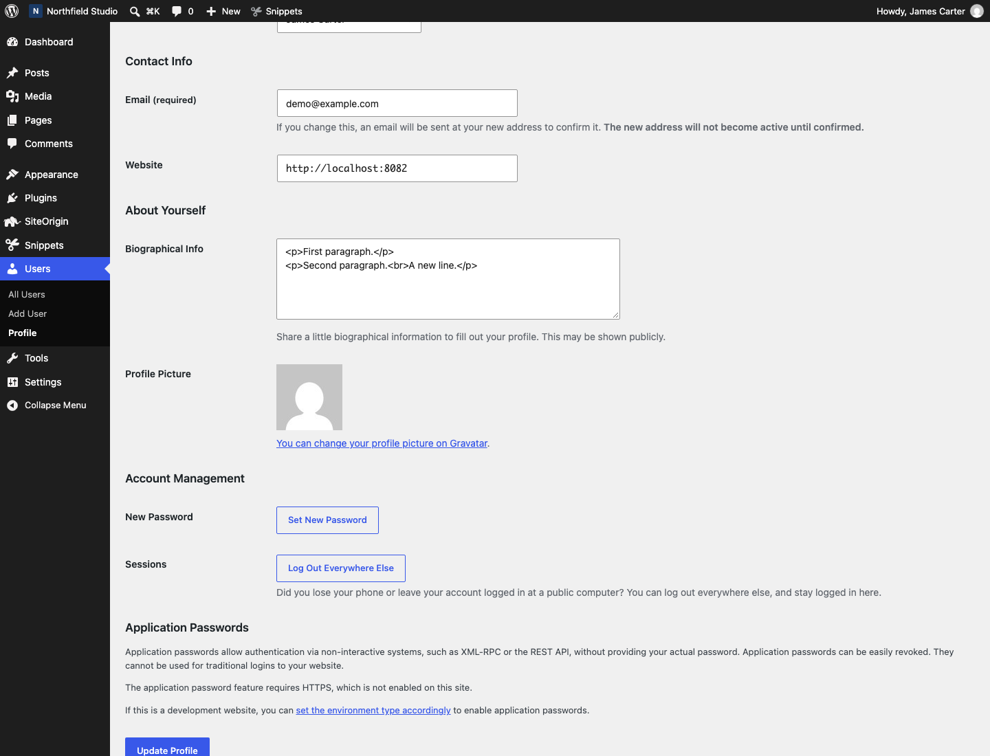 Paragraph and line break tags in the Biographical Info field of a user profile