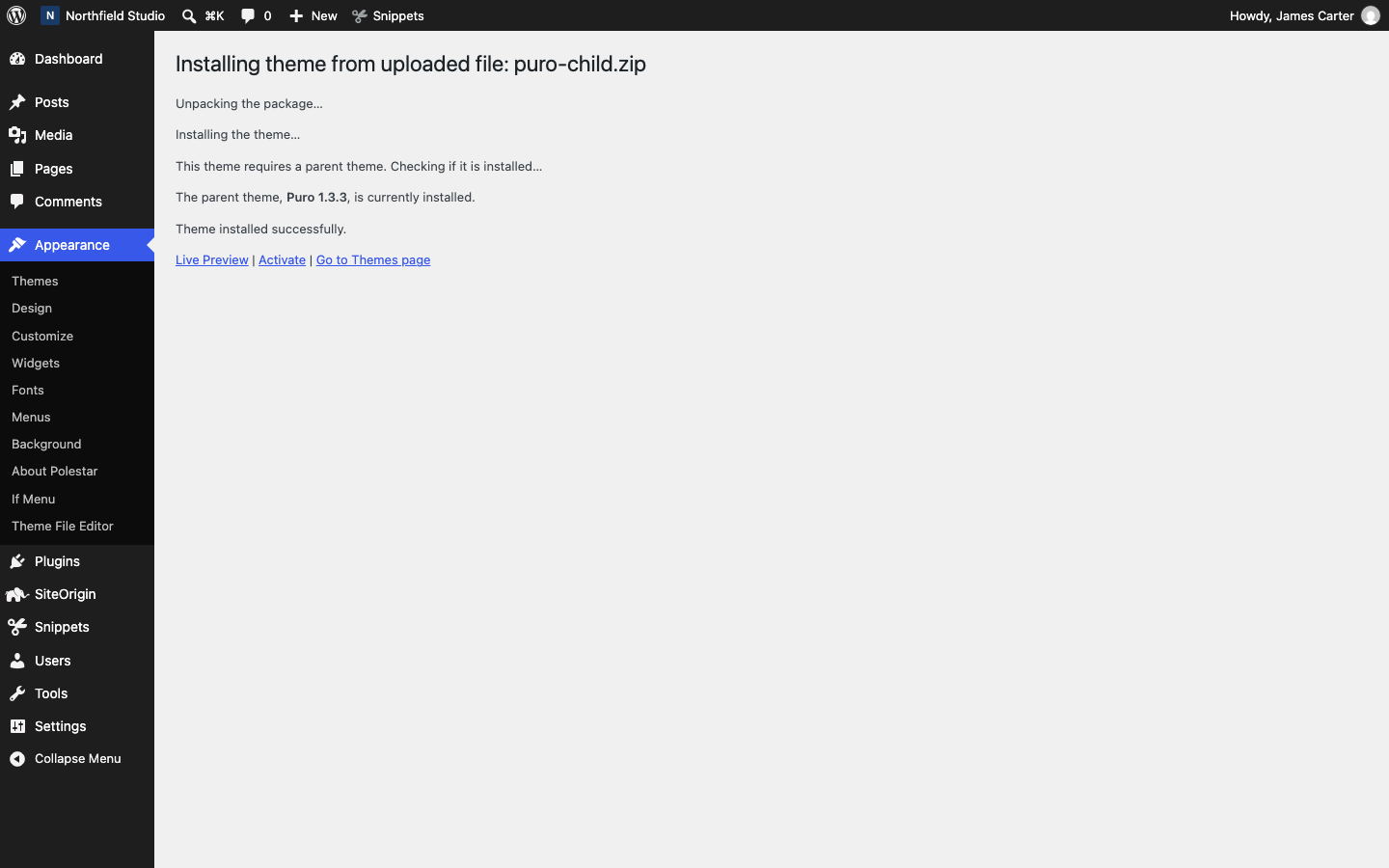 A child theme uploaded at Appearance > Themes, ready to activate