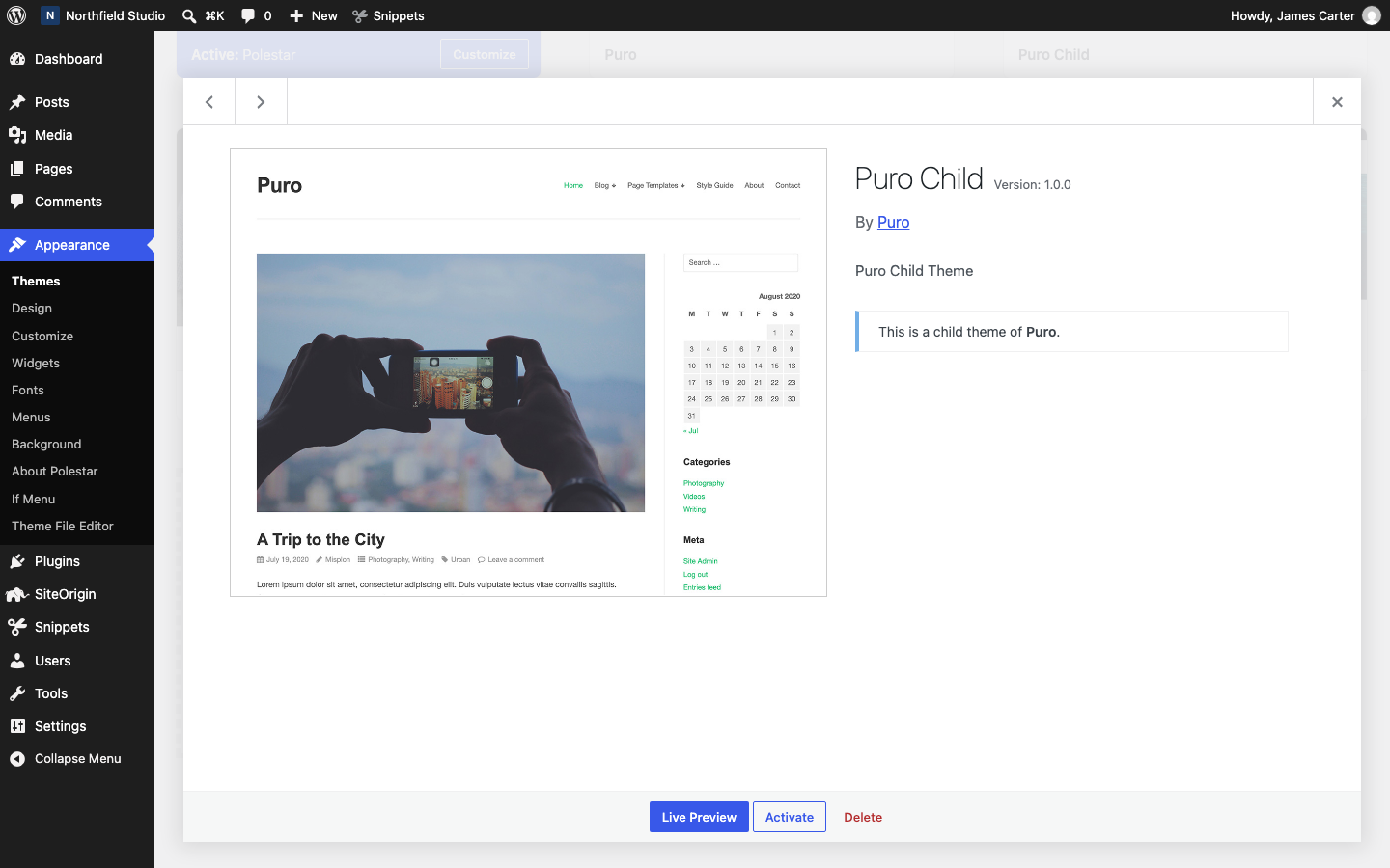 The style.css header of a child theme