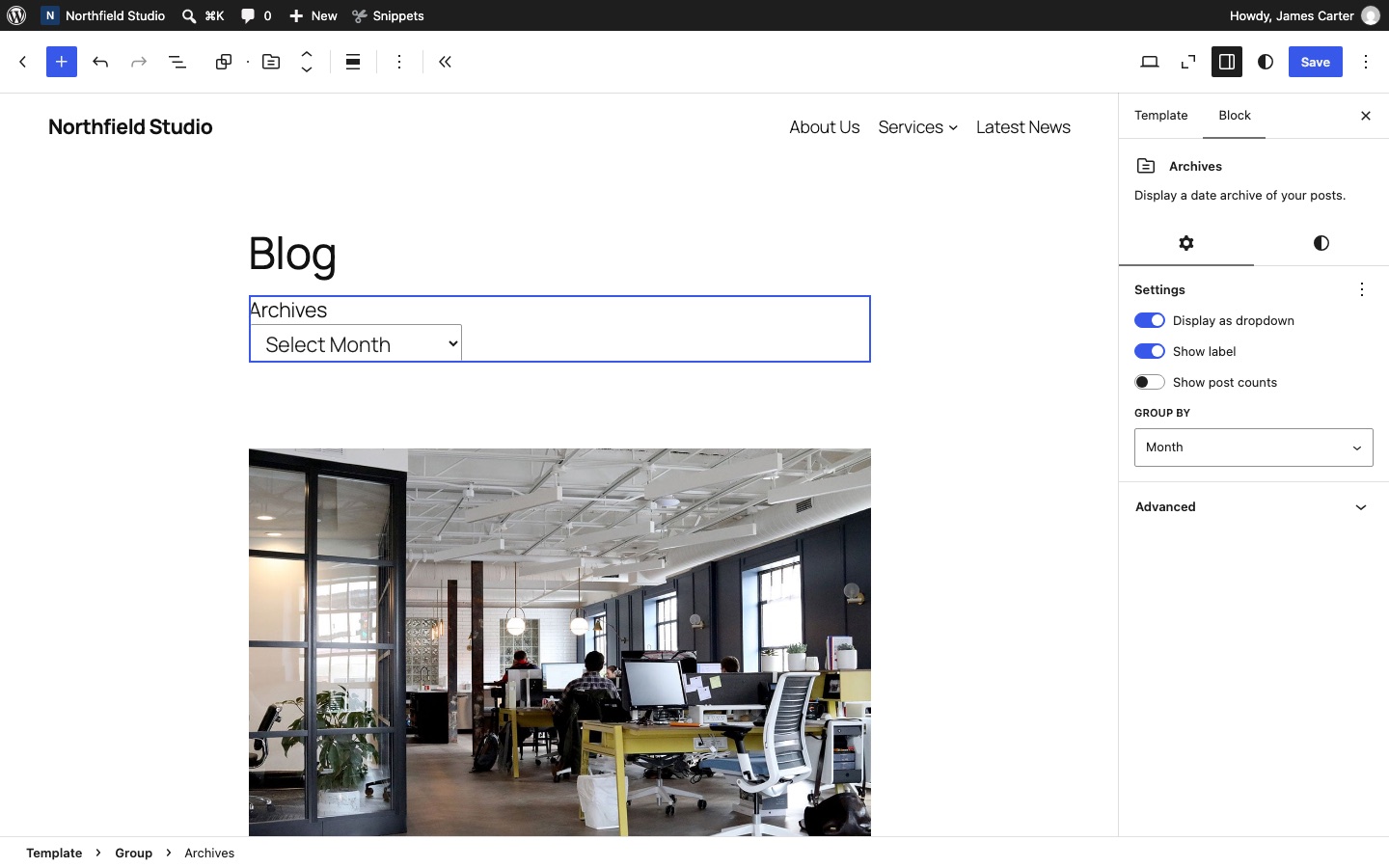 The Archives block set to display as a dropdown in a block theme