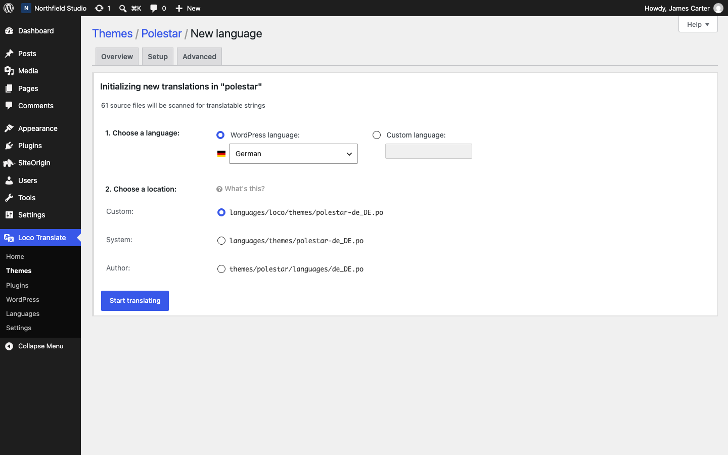 The Loco Translate new language form for the Polestar theme with German chosen