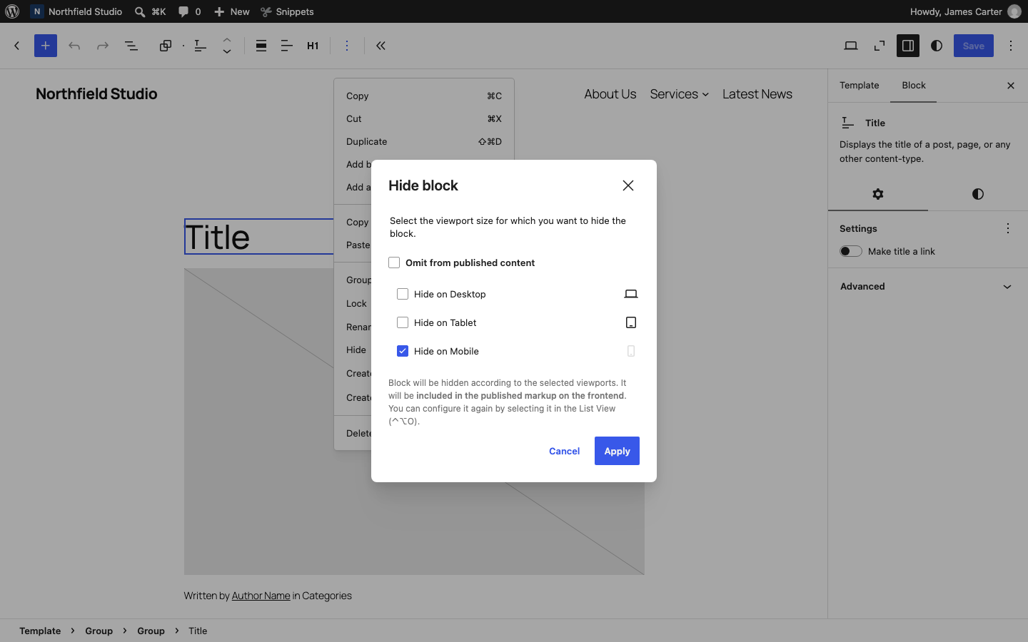 The Hide block dialog in the Site Editor with Hide on Mobile checked