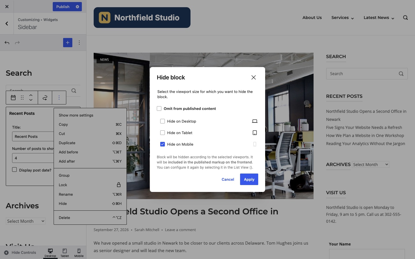 Widget visibility rules in the Customizer Widgets panel