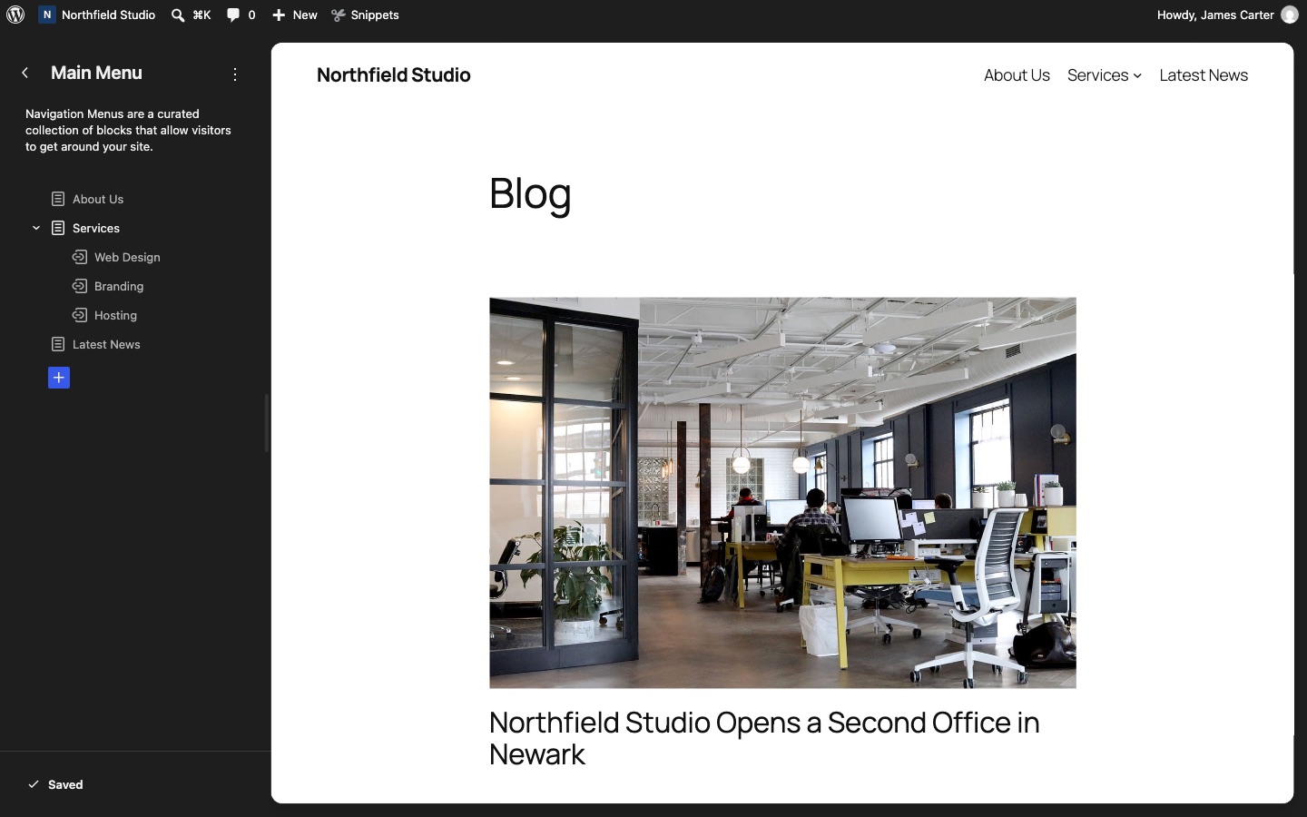 The Navigation block menu in the Site Editor of a block theme