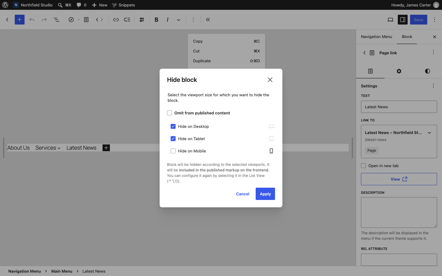 The Hide block dialog for a navigation link with Hide on Desktop and Hide on Tablet checked