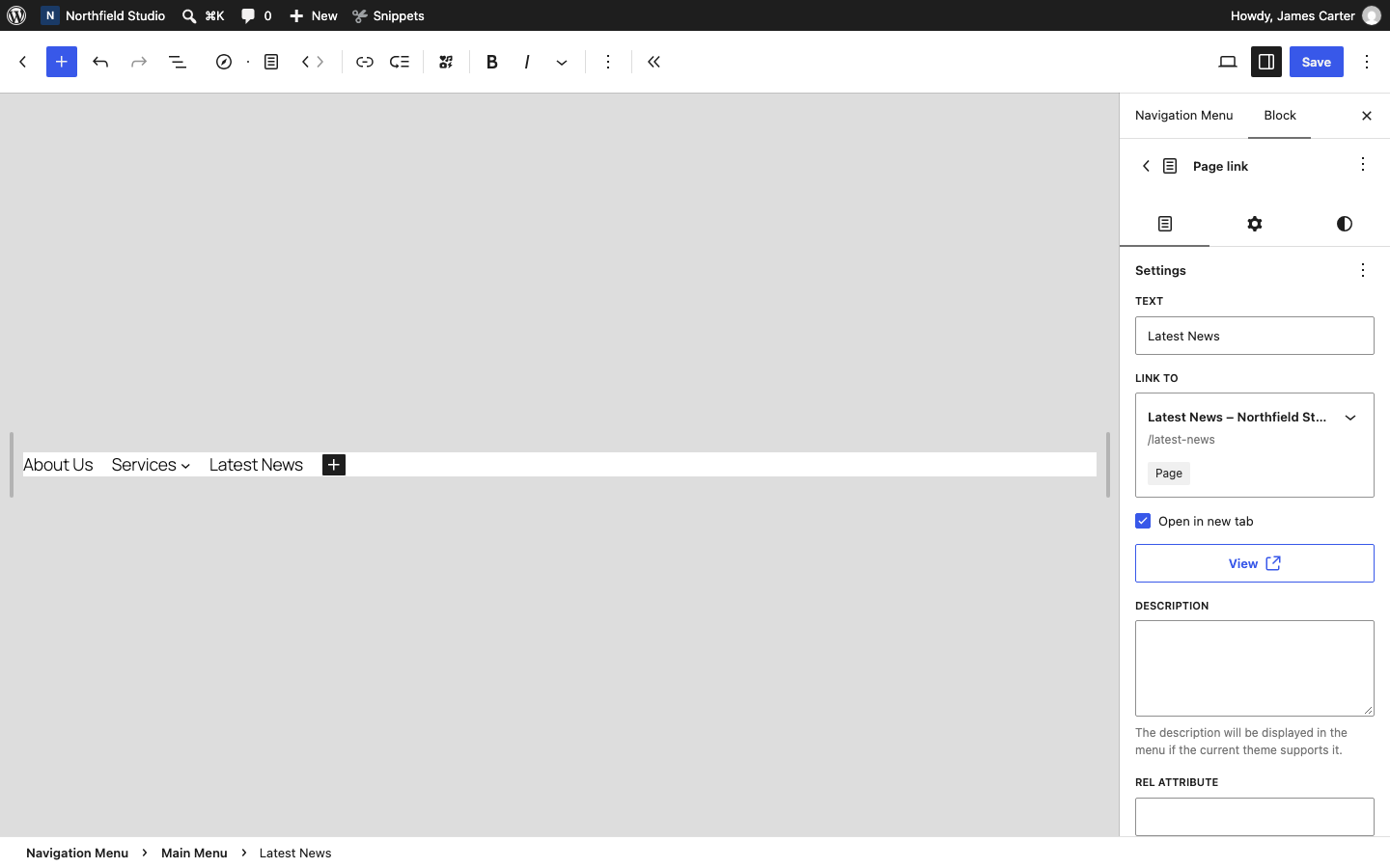 The Open in new tab setting for a navigation link in the Site Editor
