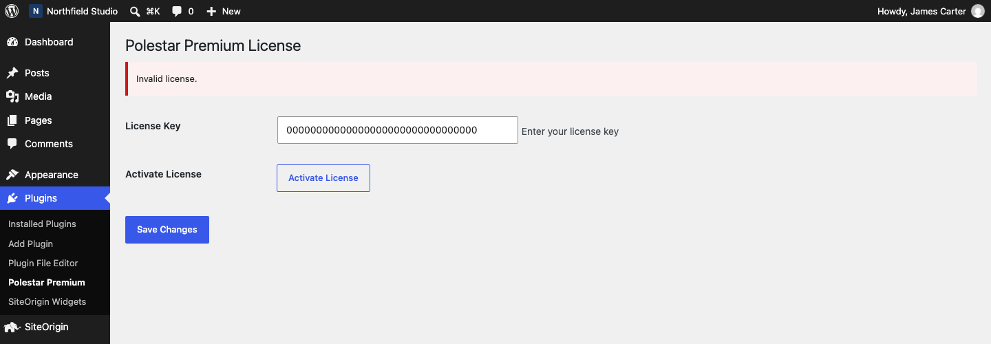 The Polestar Premium license page showing the Invalid license message