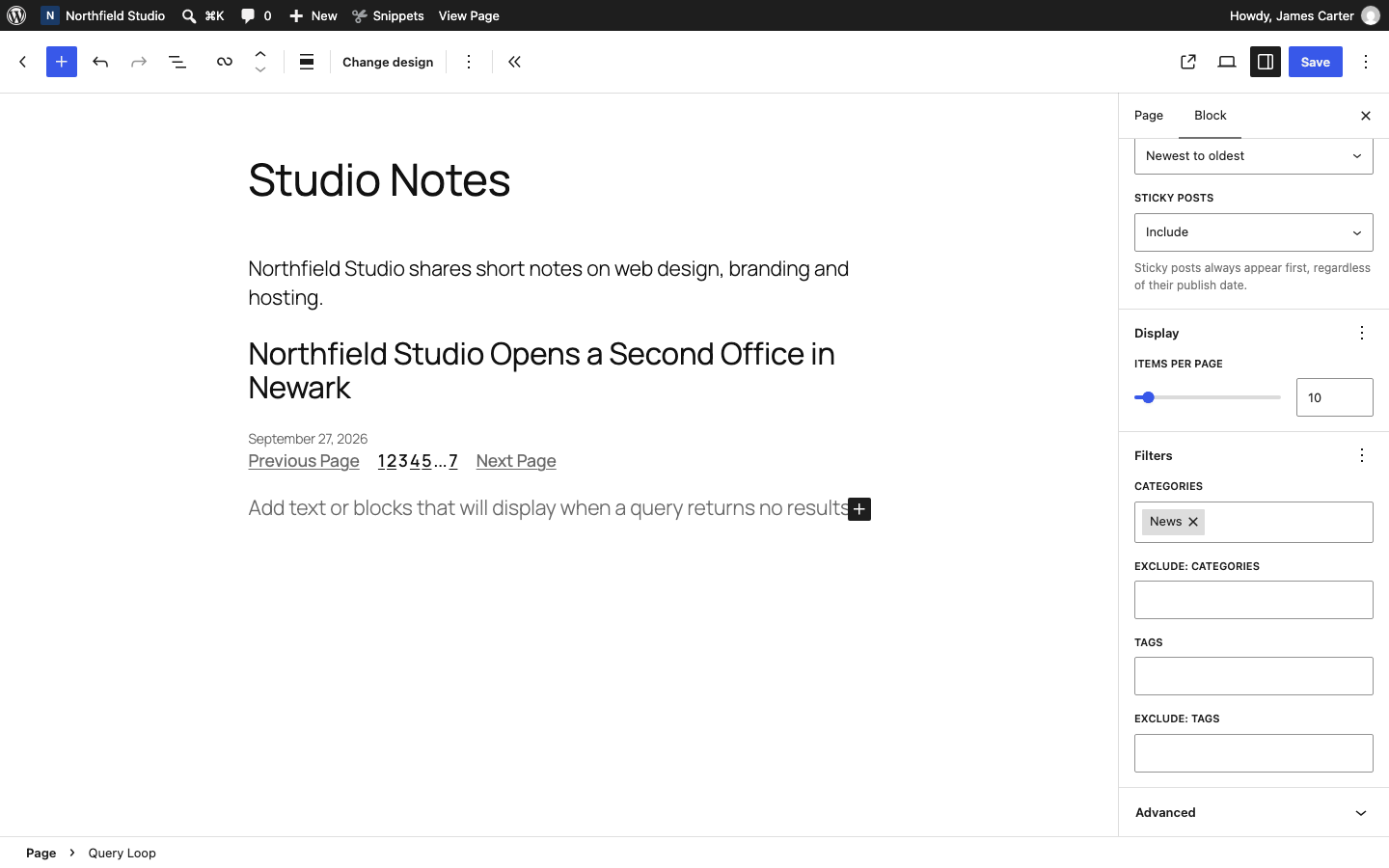 The Query Loop block showing blog posts in the block editor