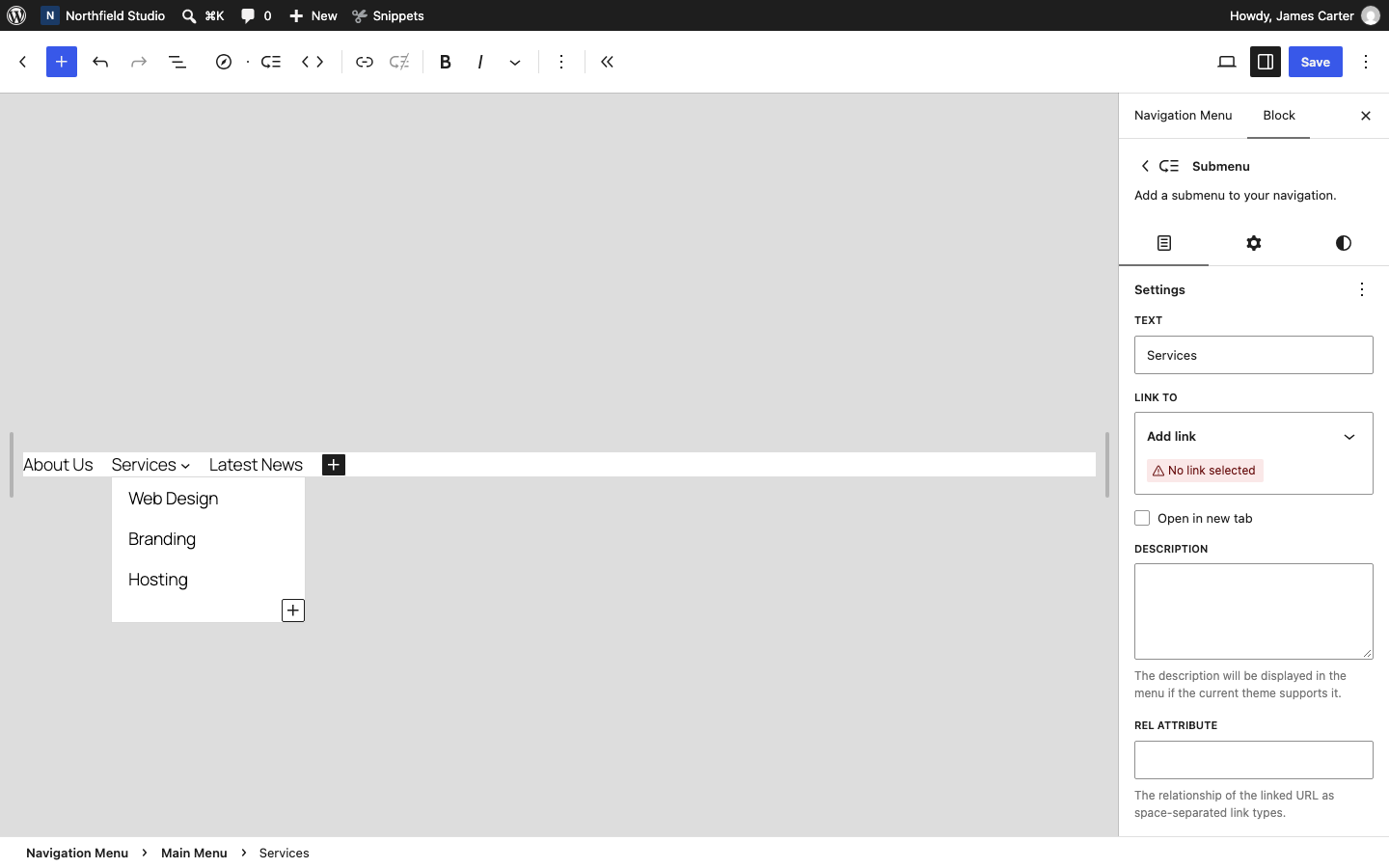 A parent navigation item without a link in the Site Editor