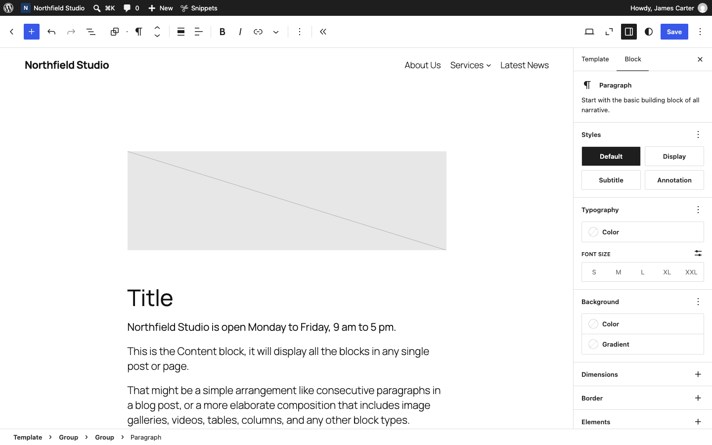 A Paragraph block with text in a block theme template