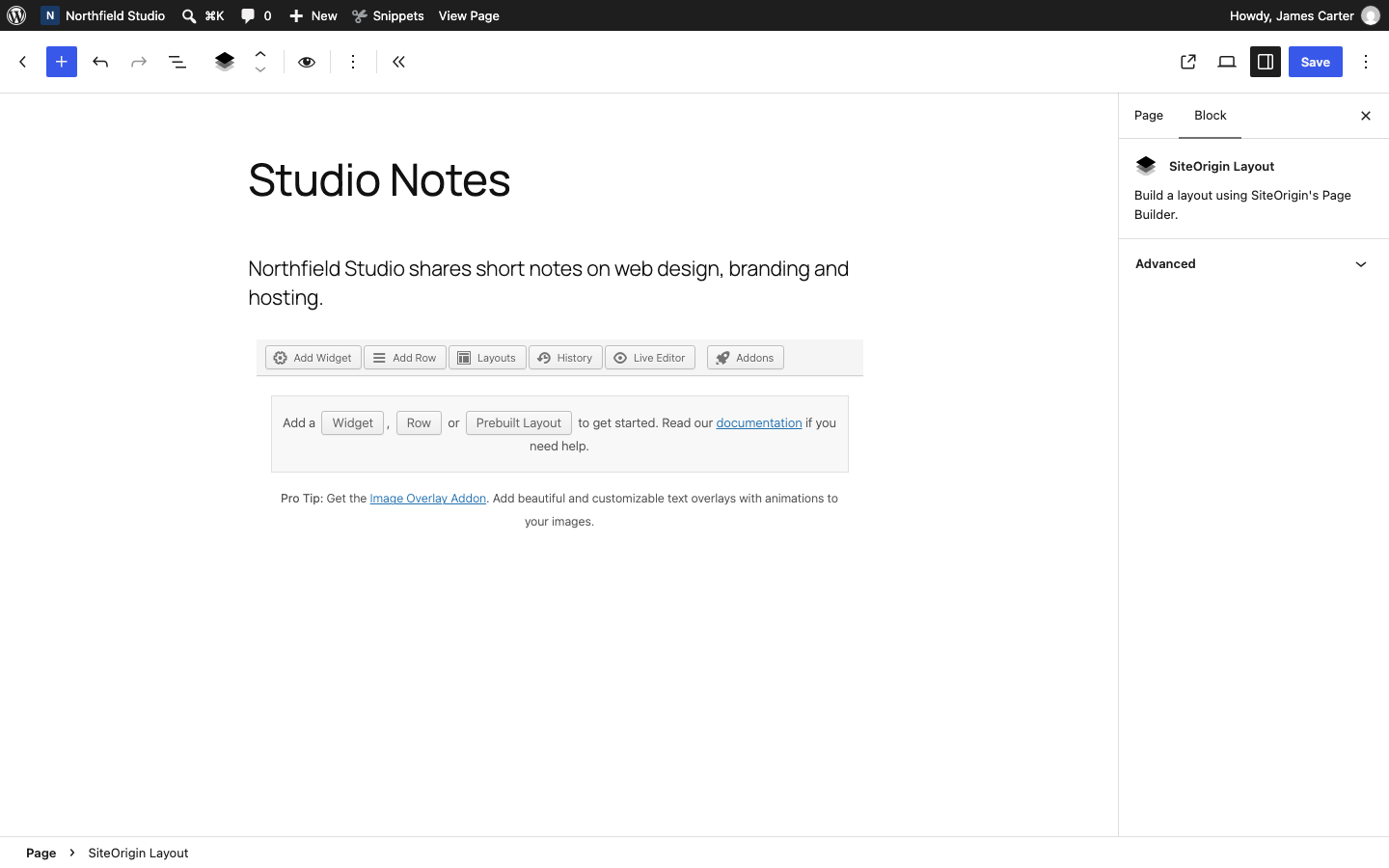 The SiteOrigin Layout block in the block editor