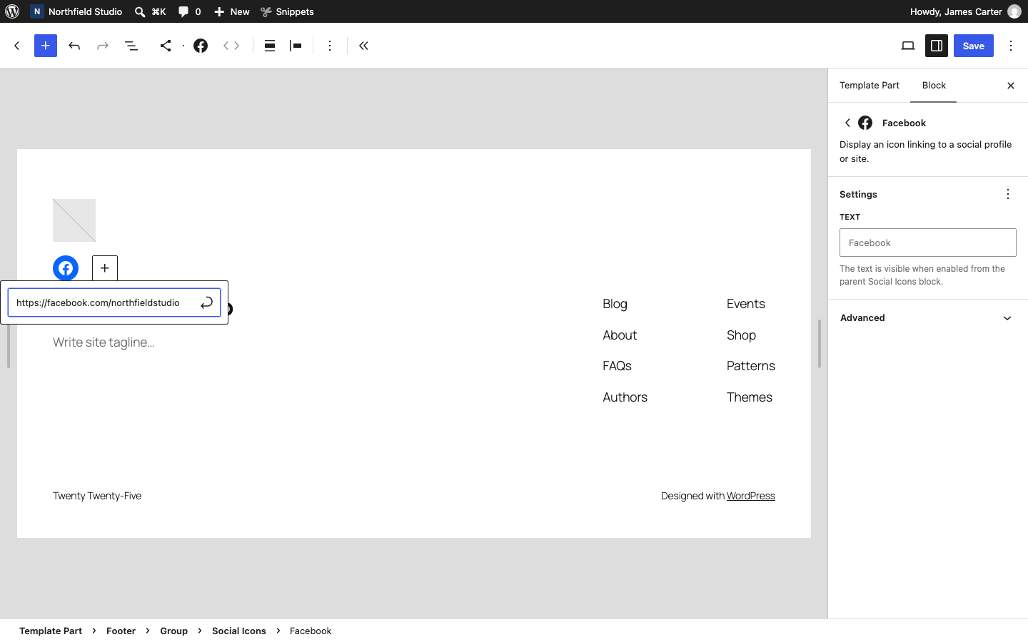 The Social Icons block with a Facebook link in a block theme footer