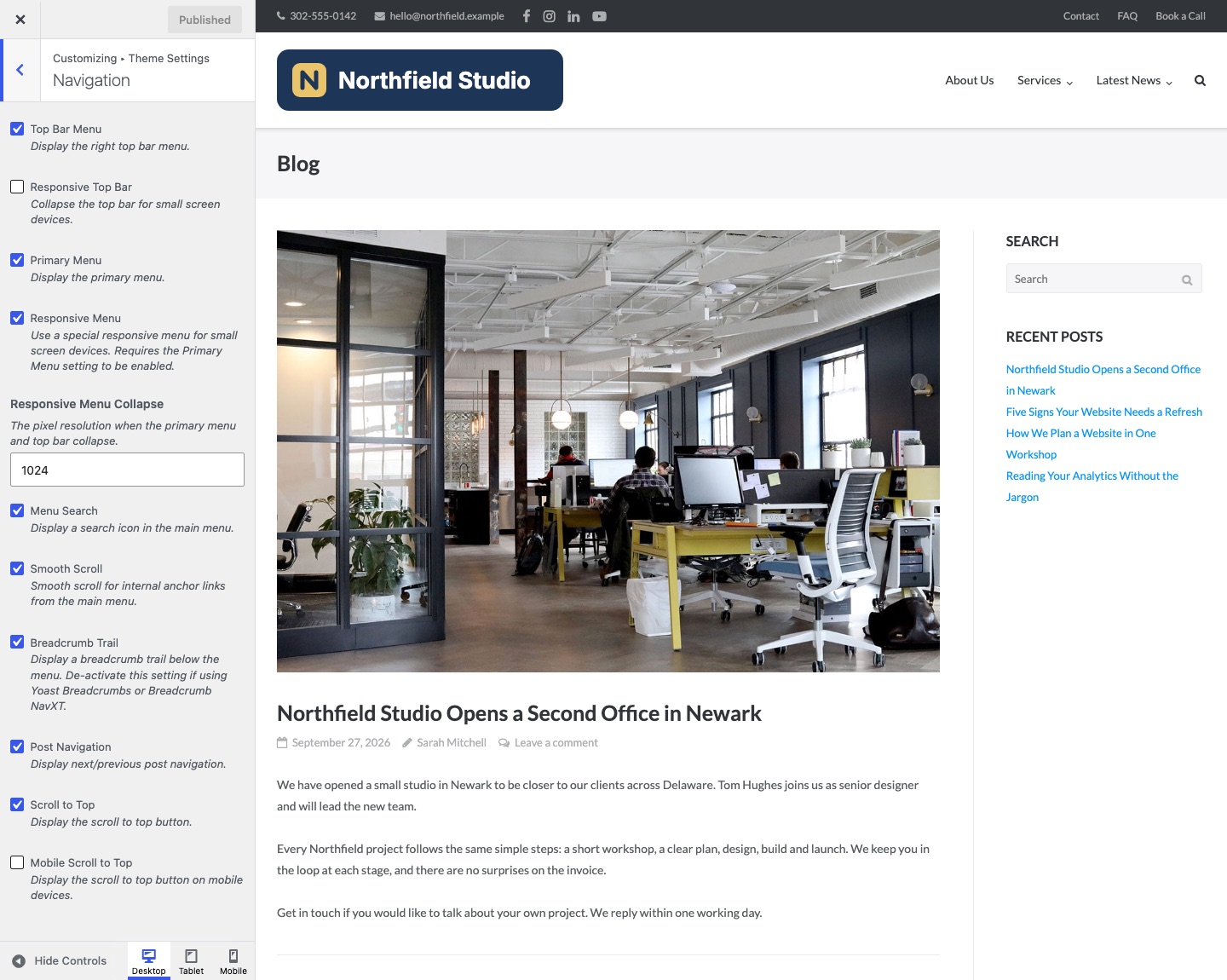 Ultra Navigation settings with Responsive Menu on and Responsive Menu Collapse set to 1024