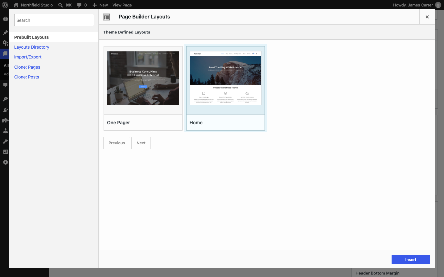 The Page Builder Layouts dialog with the Polestar Home layout selected