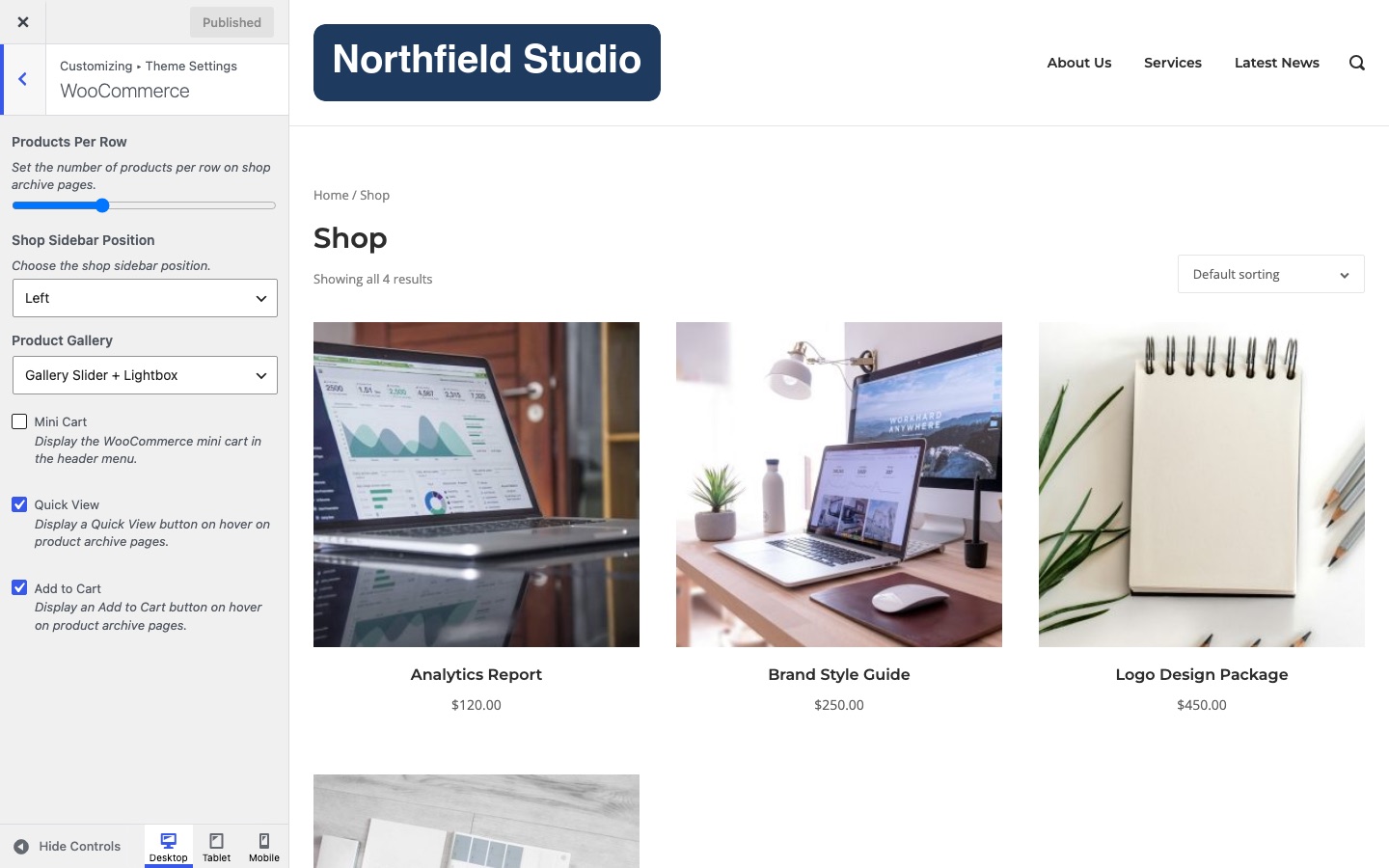 The WooCommerce section of Theme Settings in the Polestar Customizer, with the shop in the preview