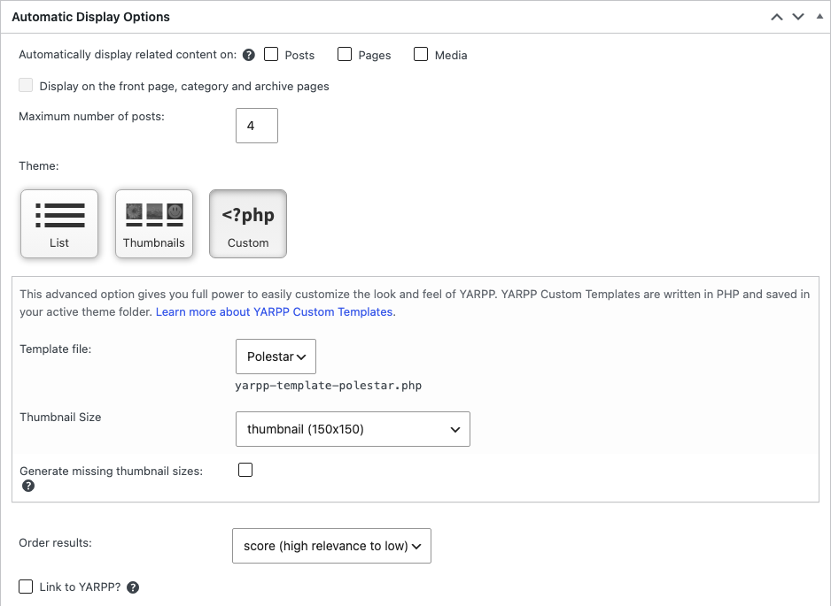 The Automatic Display Options box of Yet Another Related Posts Plugin, set to the Polestar template