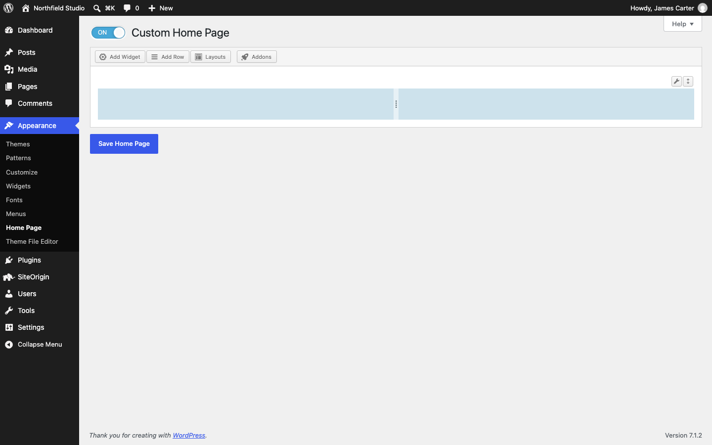 The Appearance > Home Page screen with the custom home page turned on and one Page Builder row