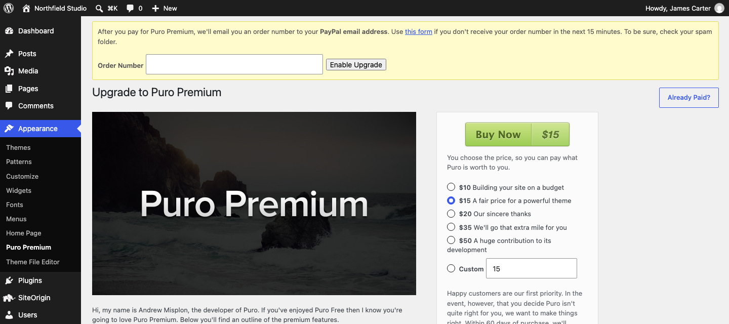 The Puro Premium upgrade screen in the free Puro theme