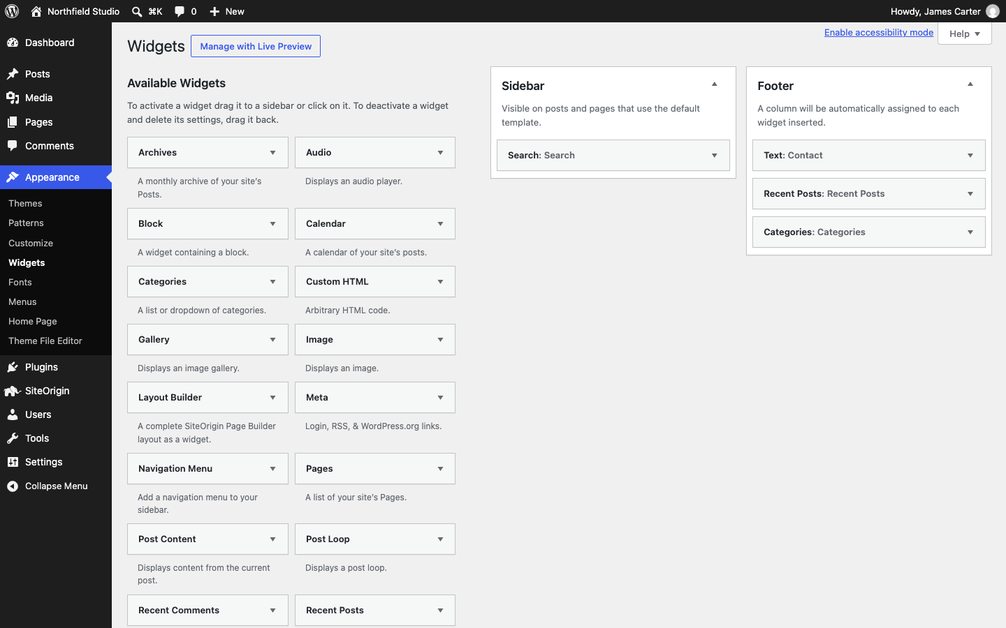 The Widgets screen with the Puro Sidebar and Footer widget areas