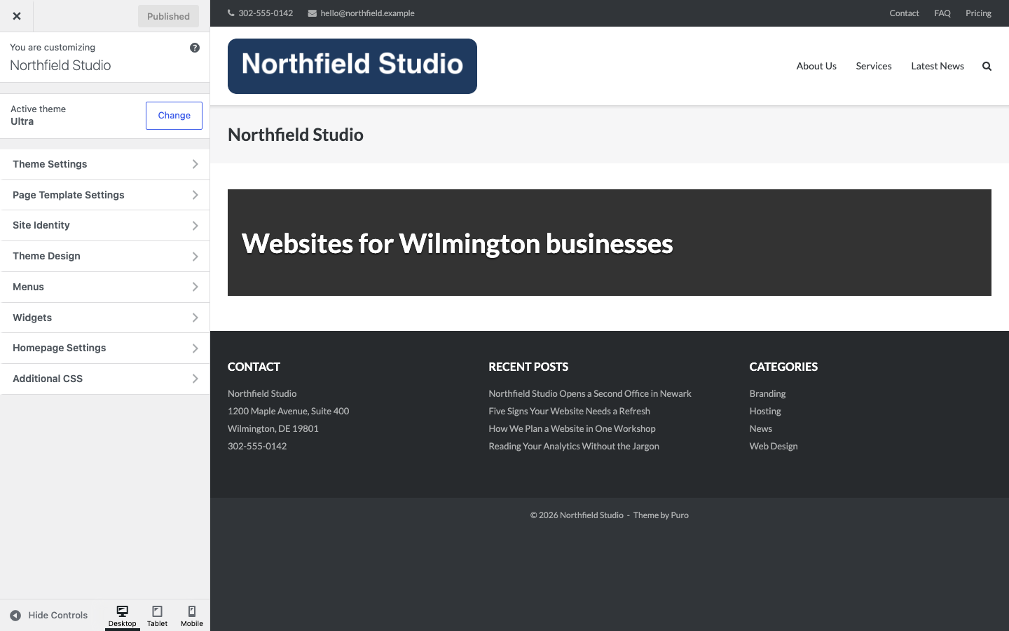 The Ultra Customizer with the Theme Settings, Theme Design and Page Template Settings panels