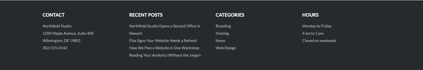 The Ultra footer widget area with 3 widgets