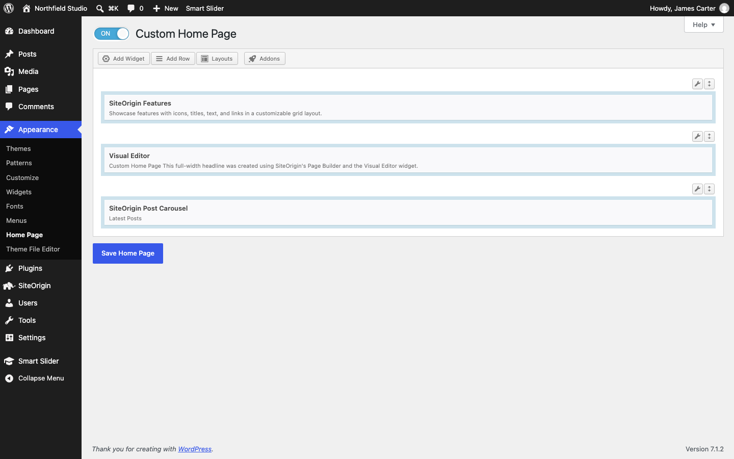 The Appearance > Home Page screen in Ultra with the custom home page turned on