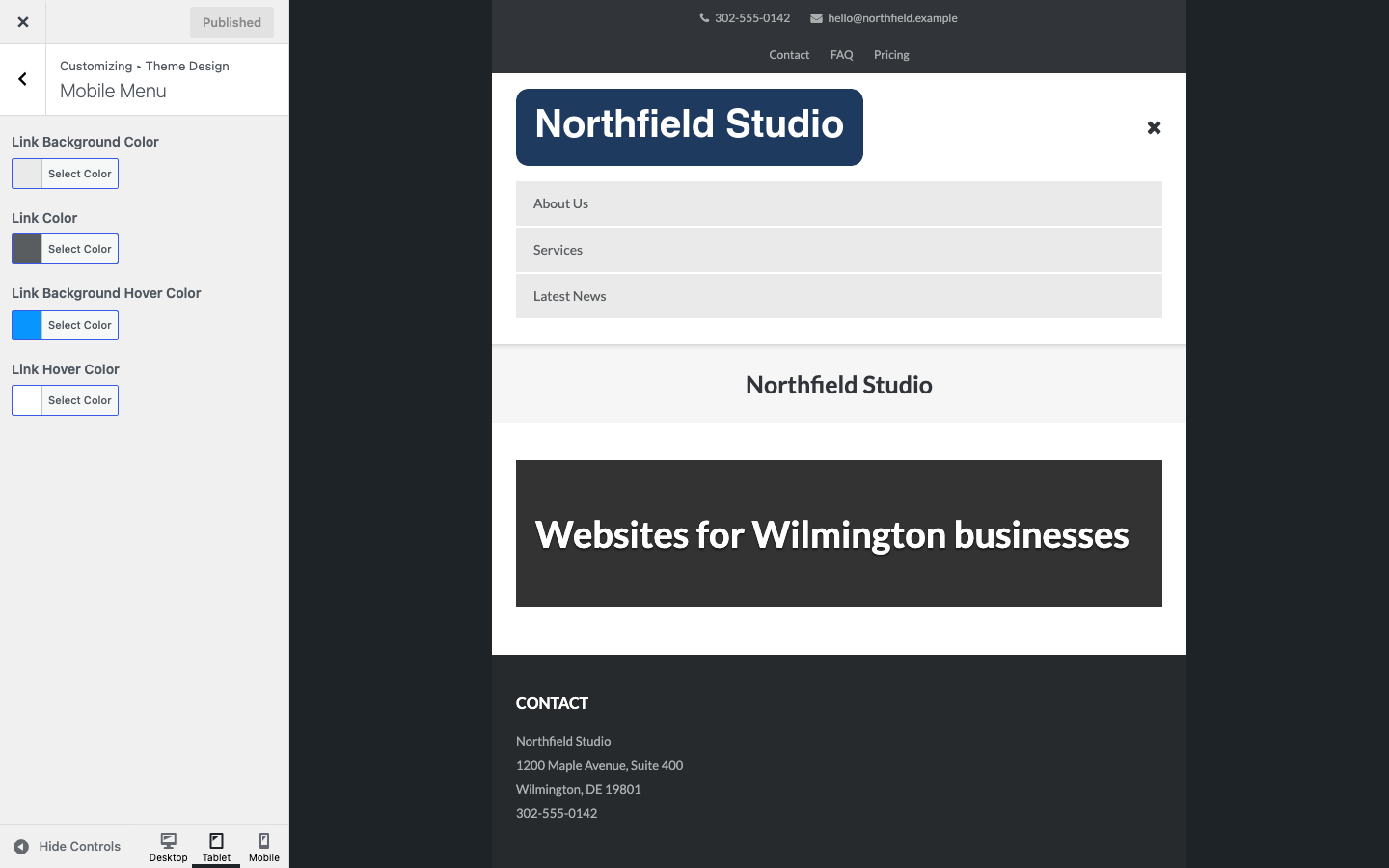 The Mobile Menu section of Theme Design in Ultra, with the mobile menu open in the tablet preview