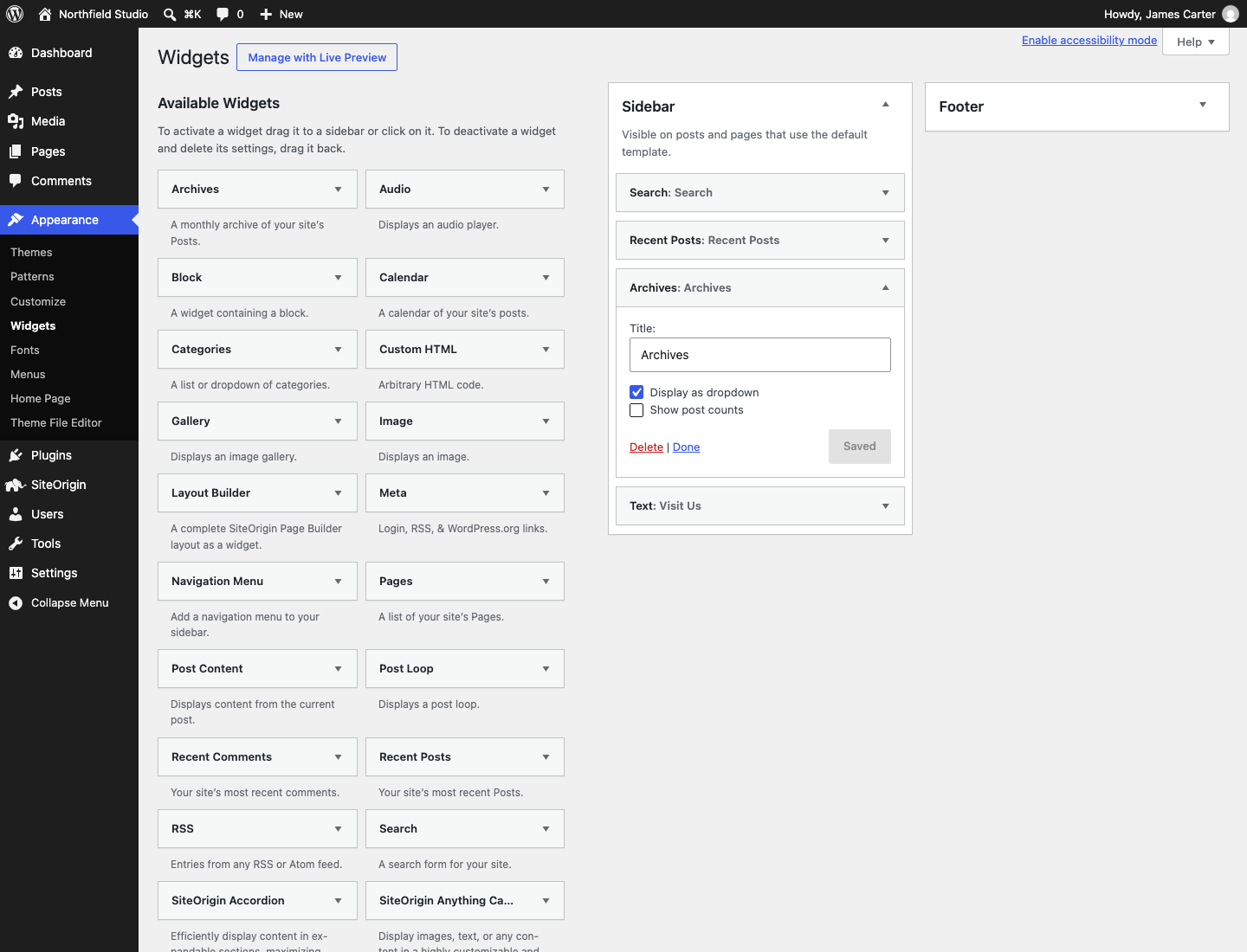 The Archives widget showing a month dropdown on the front end