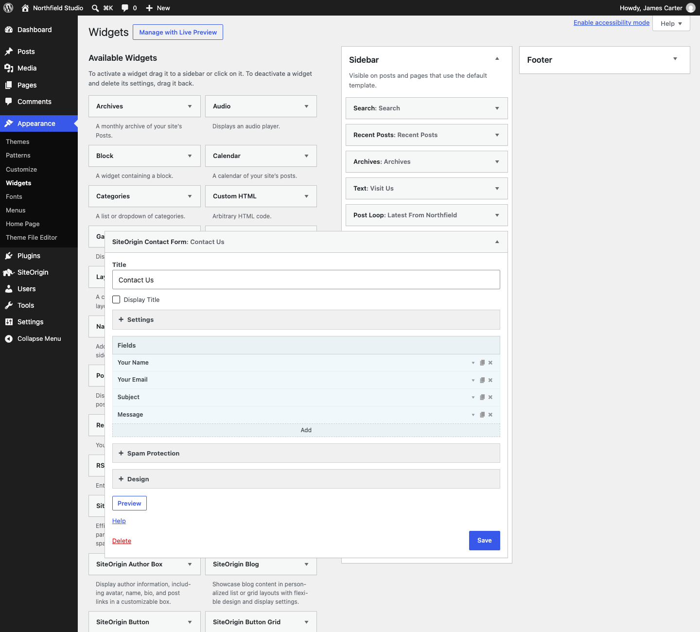 The SiteOrigin Contact Form widget settings
