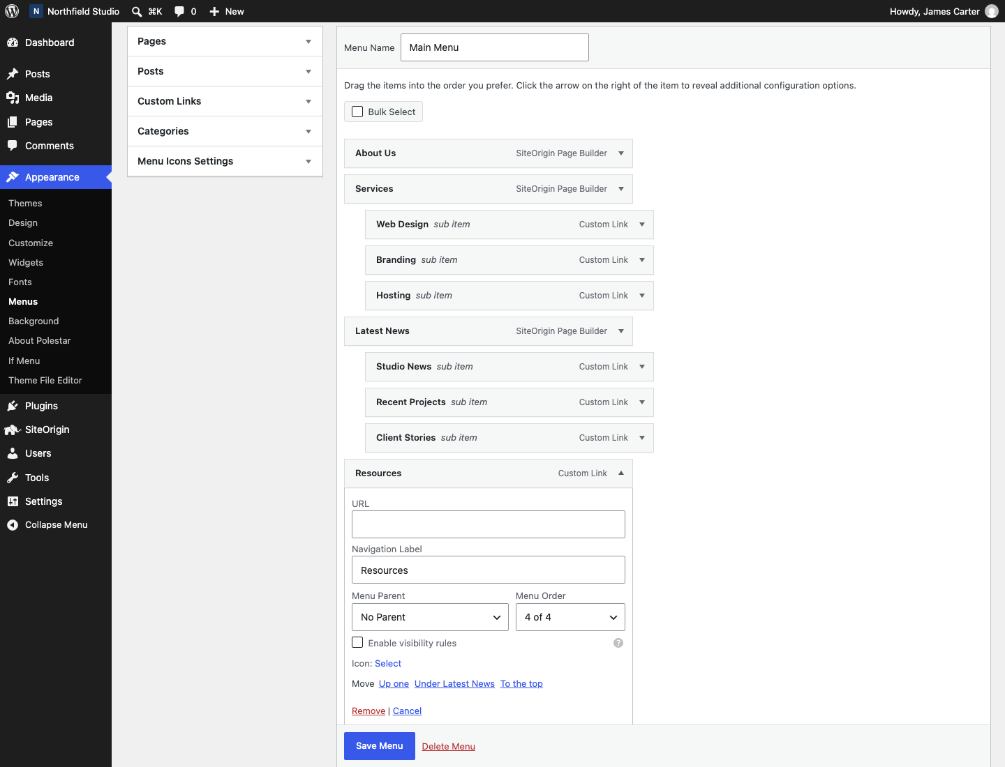 A Custom Links menu item with an empty URL on the Menus screen