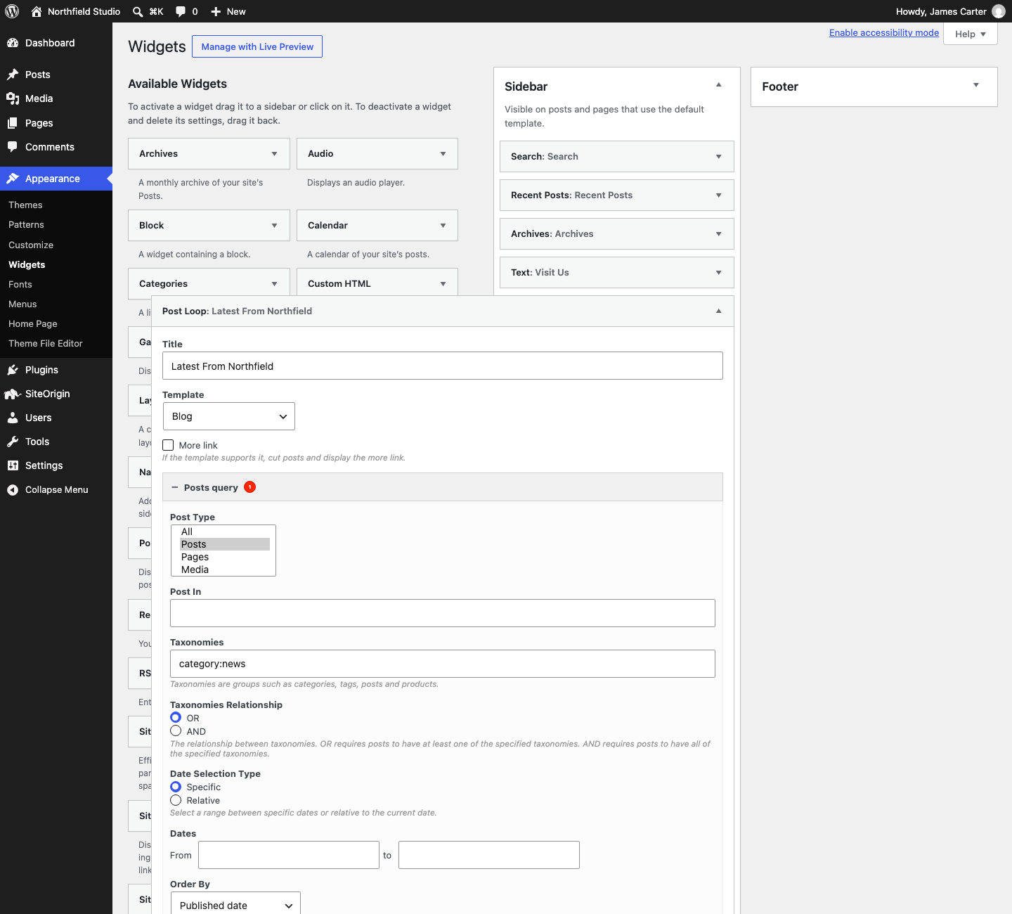 The Post Loop widget settings in Page Builder
