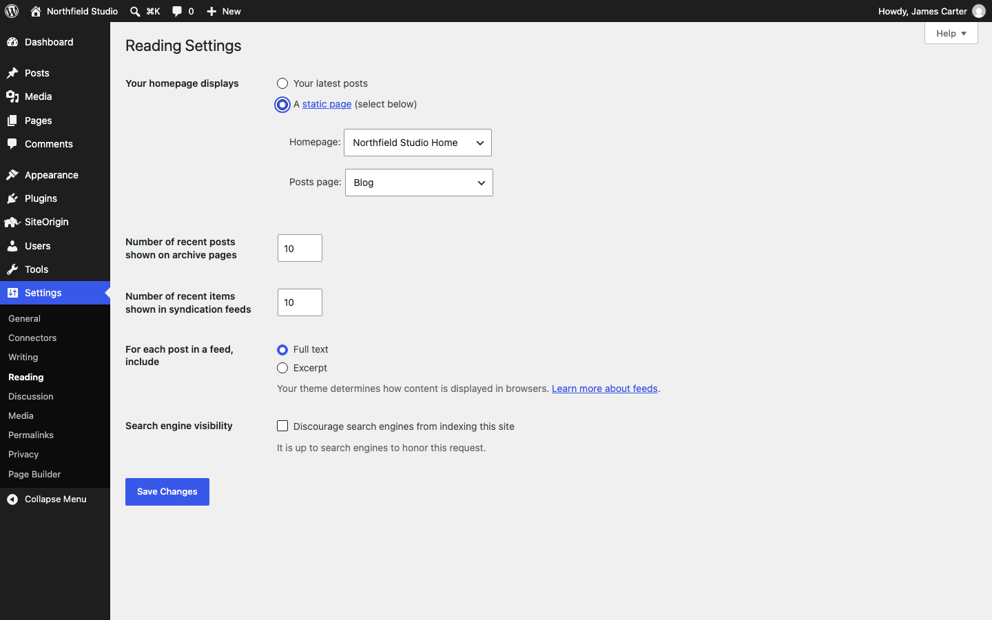 The Your homepage displays options at Settings > Reading