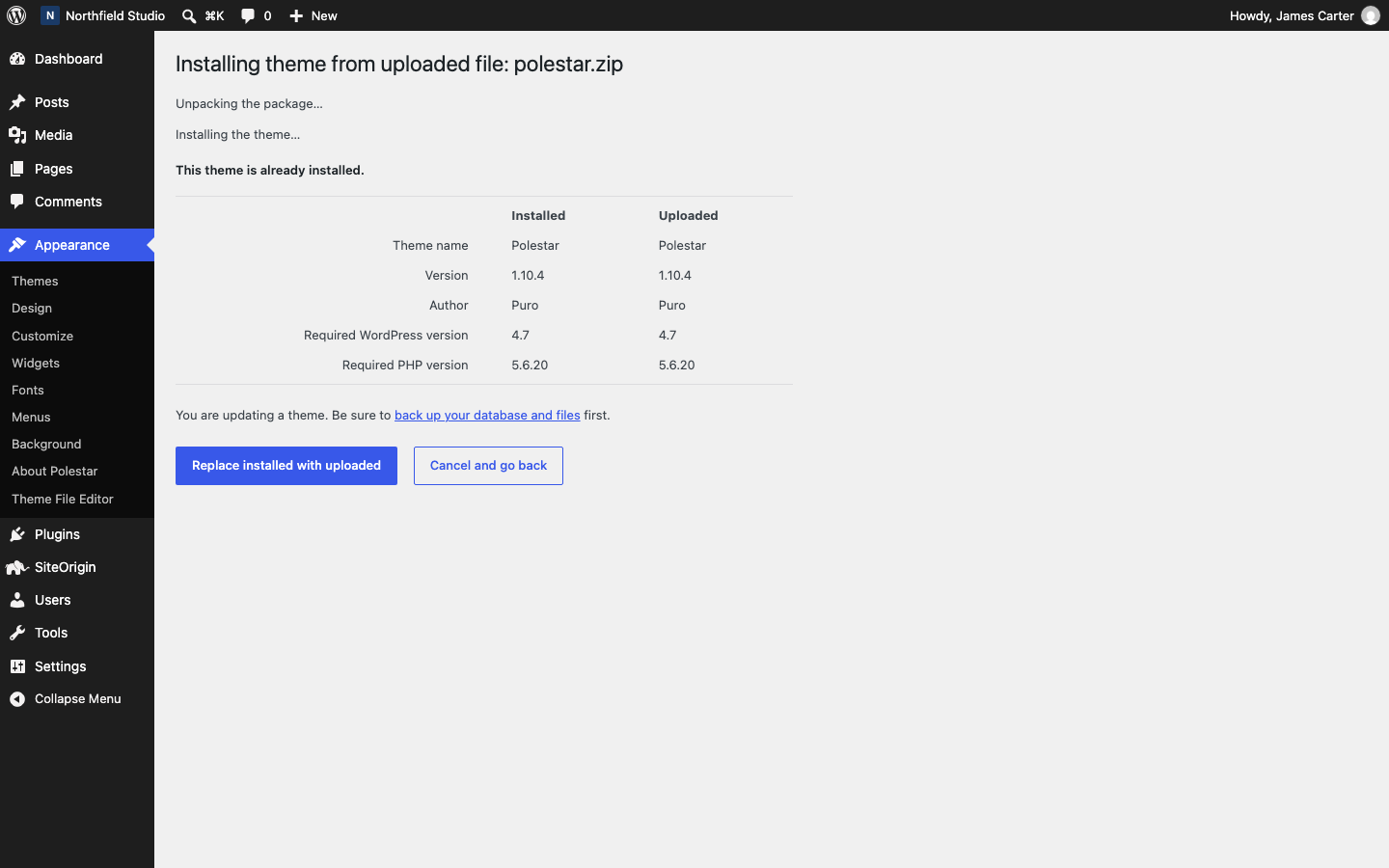 The Replace installed with uploaded button after uploading a theme zip