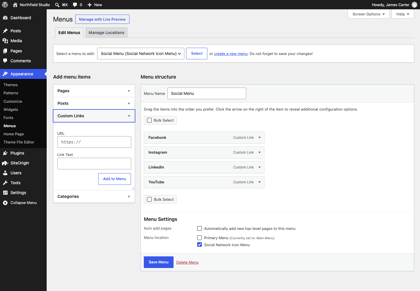 Social profile links added to a menu at Appearance > Menus