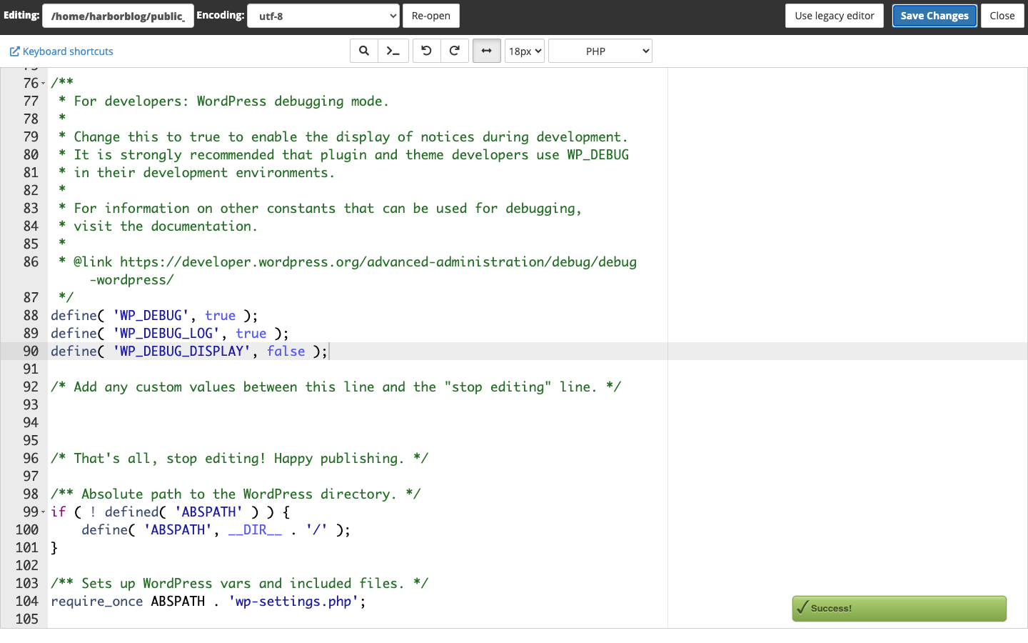 The three debug lines in wp-config.php in the File Manager editor after saving