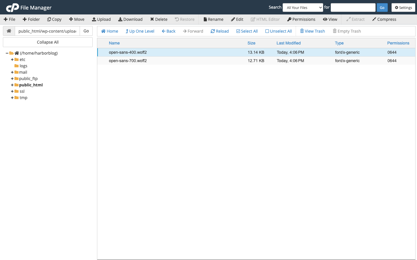 Open Sans woff2 font files uploaded to wp-content/uploads/fonts in a Hosting File Manager