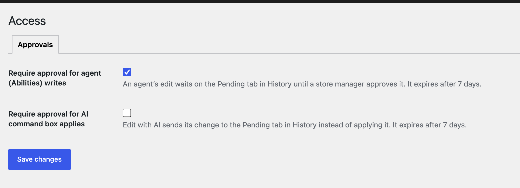 The Access page with the two approval settings