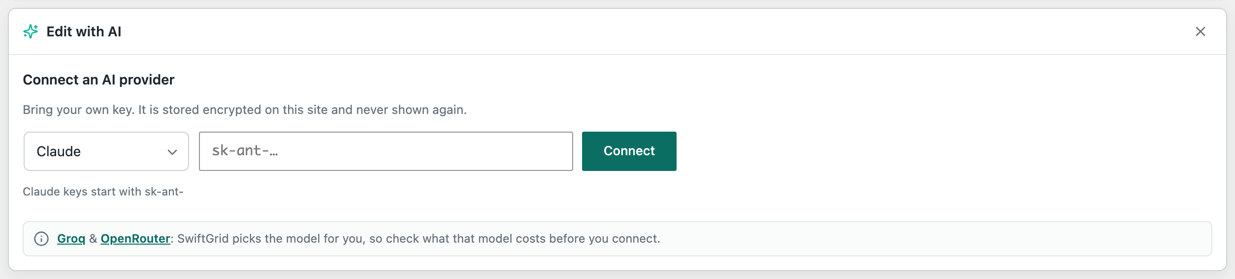 The Connect an AI provider form in the Edit with AI panel