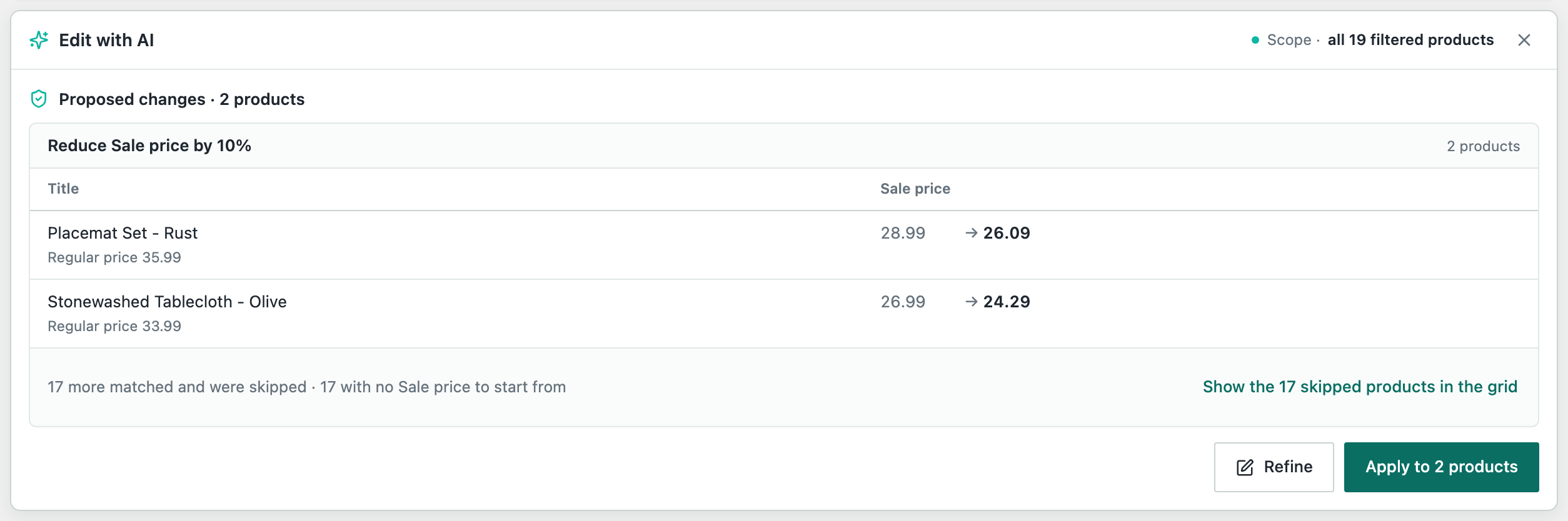 A preview that changes 2 products and skips 17 with no sale price to start from