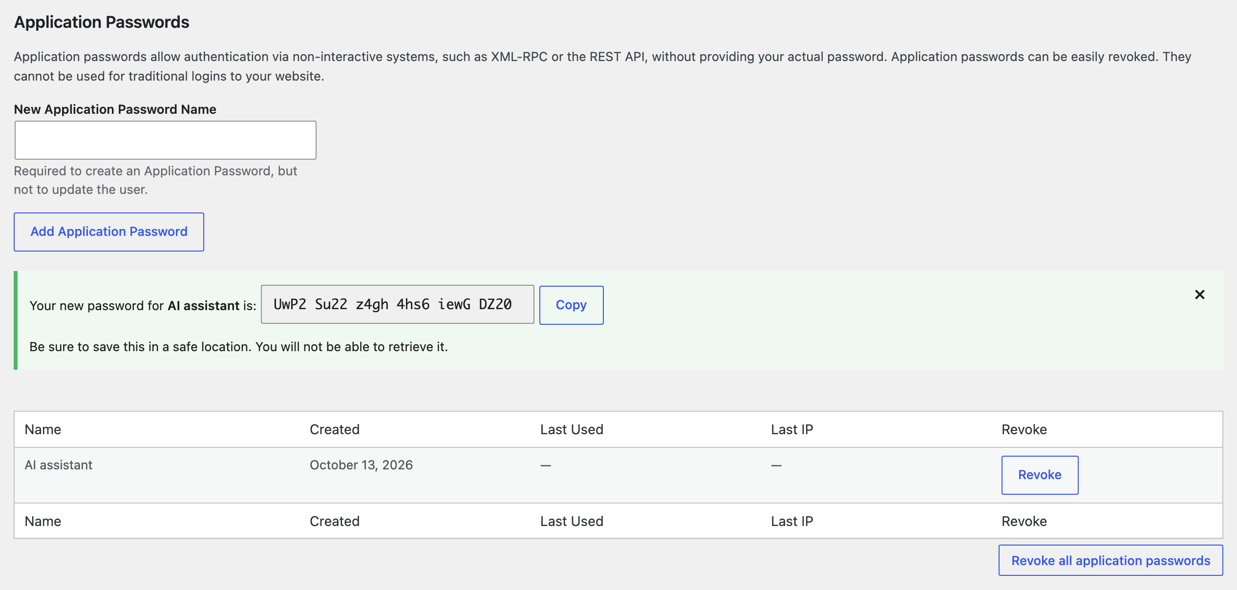 The Application Passwords section with a new password for AI assistant
