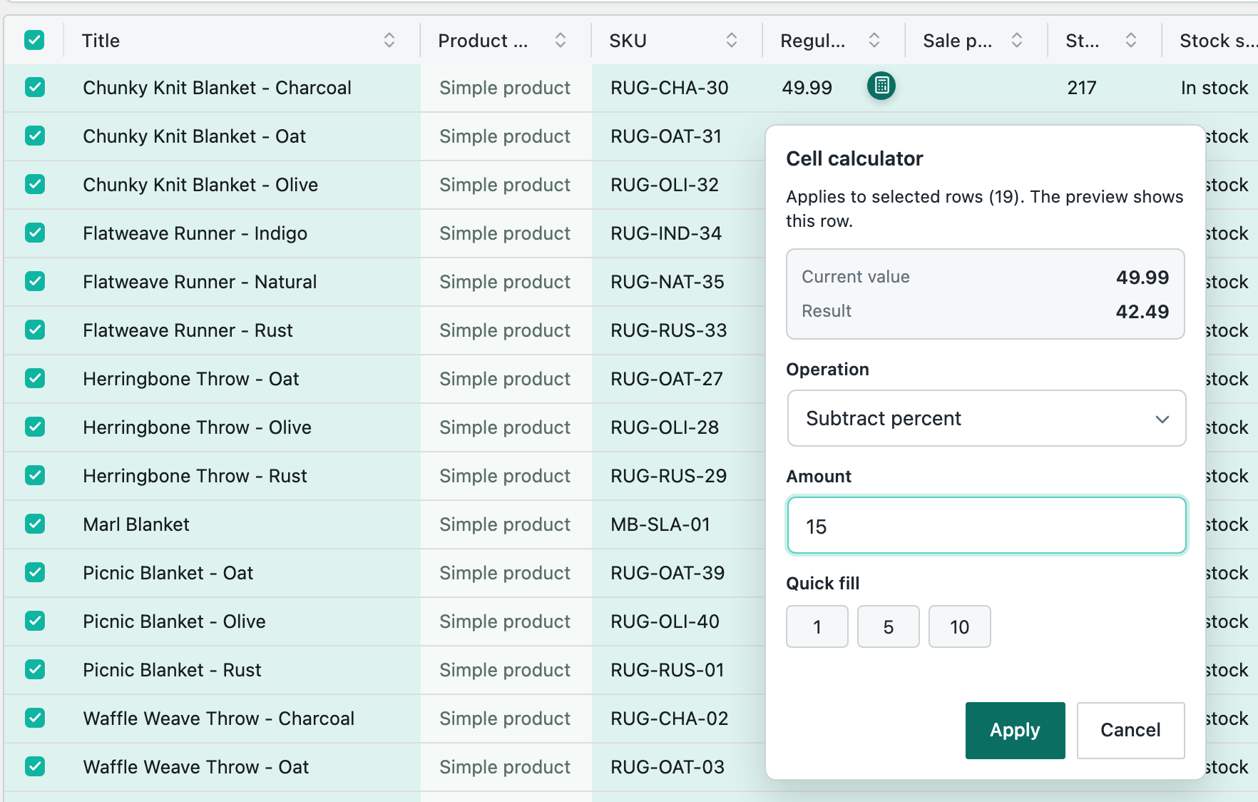 The Cell calculator set to subtract 15 percent from 19 selected rows