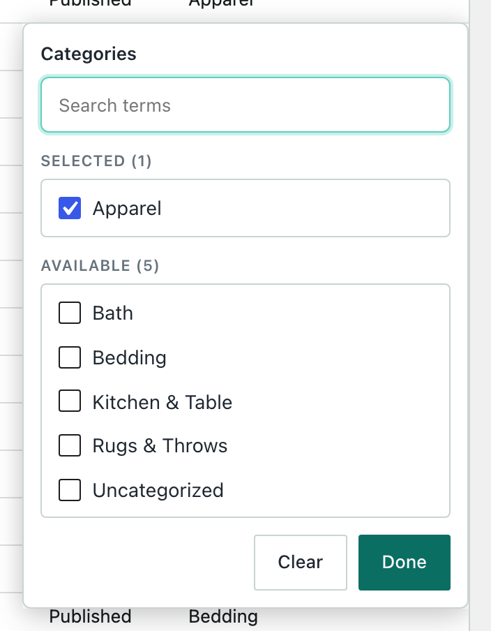 The Categories picker with Apparel selected and the other categories available