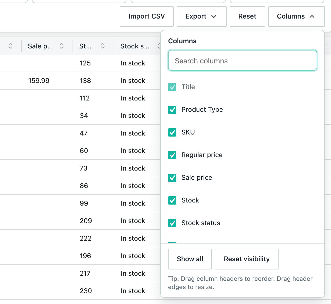 The Columns list open, with a checkbox for each column and the Show all and Reset visibility buttons