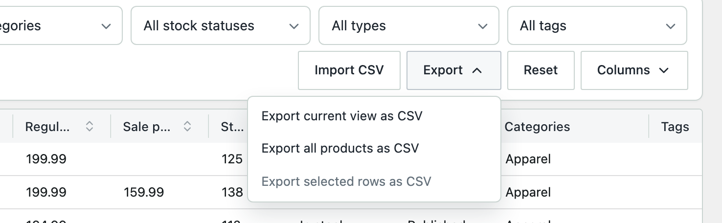 The Export menu open above the grid