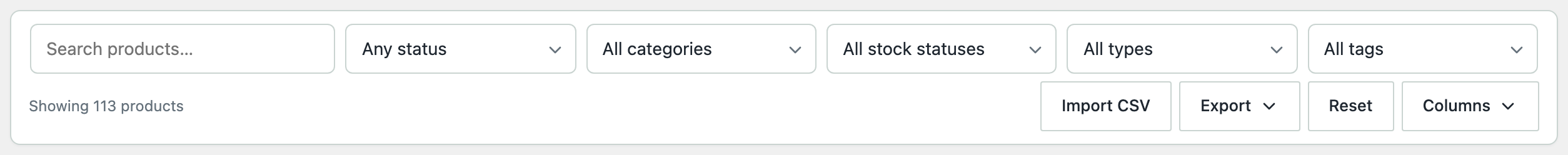 The filter bar: search field, status, category, stock status, type and tag filters