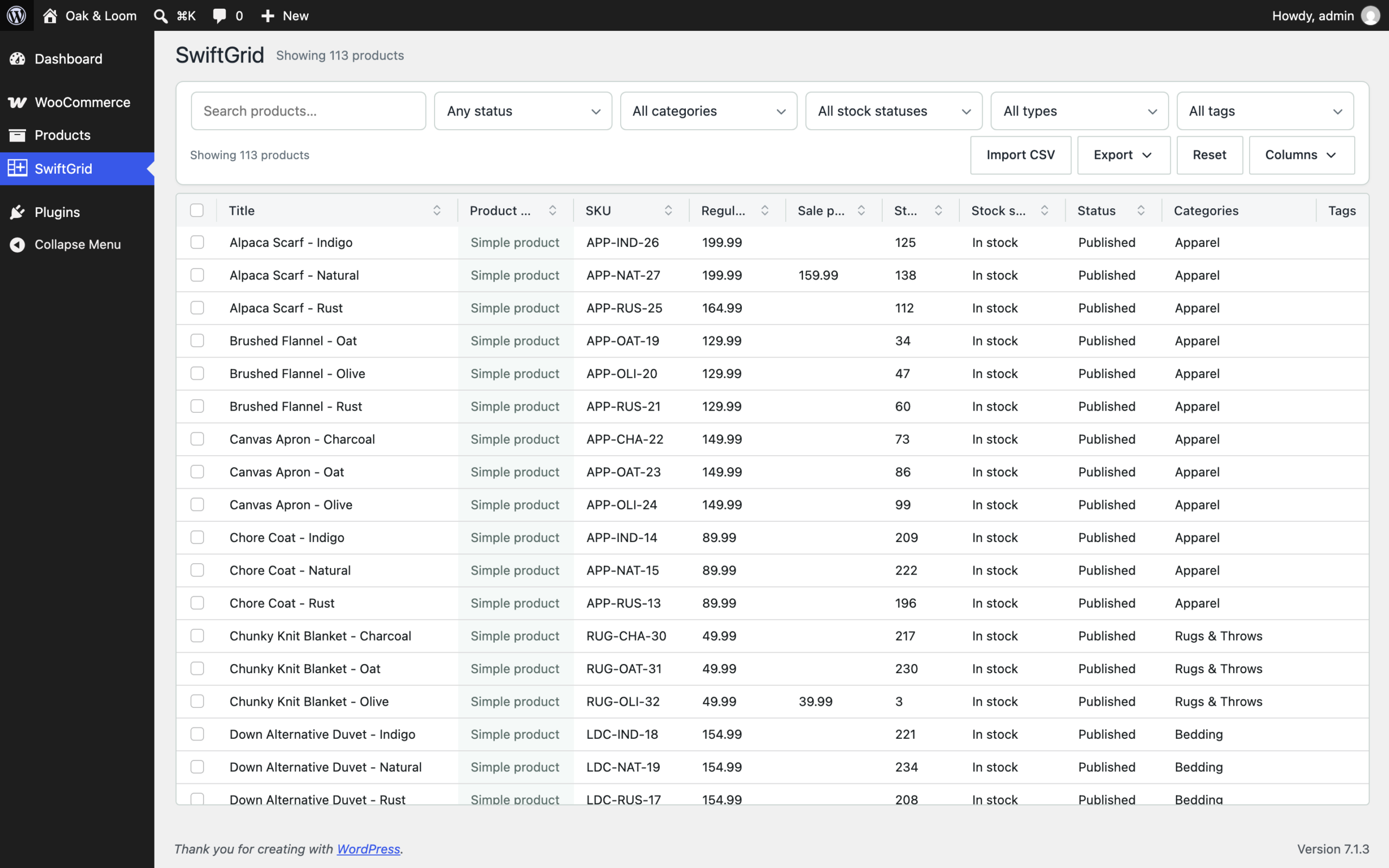 The SwiftGrid screen with the filter bar above the product grid